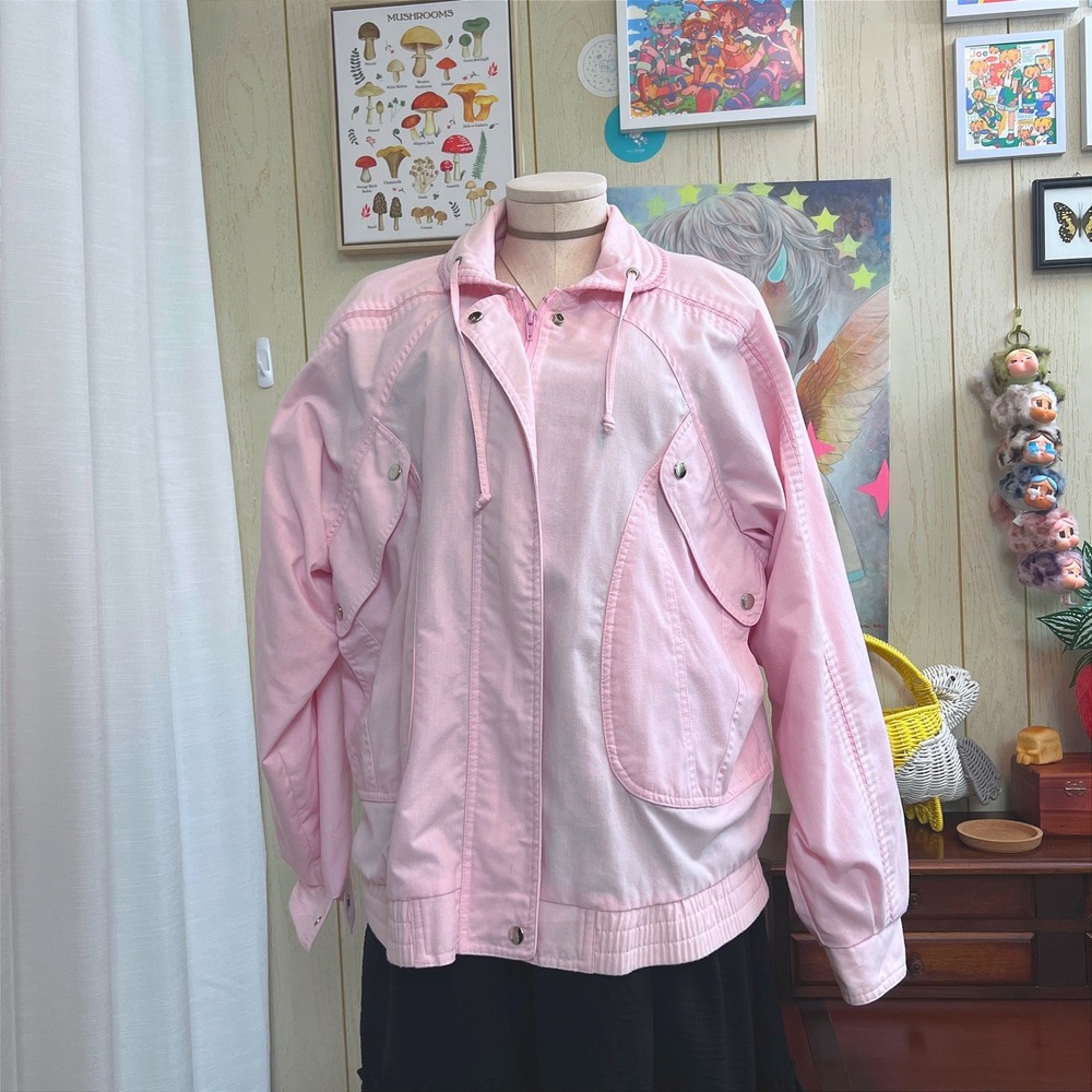 Vintage Pink Denim Bomber Jacket Full Zip Utility Pocket Pastel Retro L